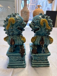 A pair of Chinese turquoise-glazed Buddhist lions, a pair of green-glazed parrots and a pair of miniature garden seats, 19/20th C.