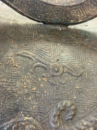 A rare and large Chinese archaistic bronze pouring vessel and cover, Gong 觥, Qing