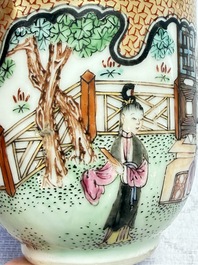 A fine Chinese Canton famille rose cup and saucer with figural design, Yongzheng/Qianlong
