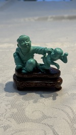 A complete set of 12 Chinese carved turquoise 'Children at Play with the Zodiac Animals' figures on wooden stands, Republic