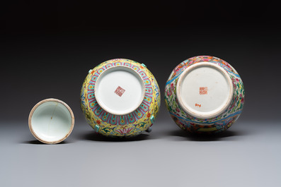A Chinese famille rose archaistic covered vase, a vase, and three covered ginger jars, Qianlong marks, 20th C.