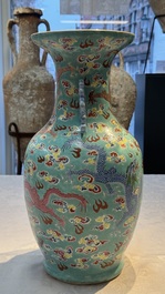 A Chinese famille rose turquoise-ground 'Dragon' vase, 19th C.