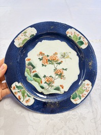 Three Chinese famille verte plates with floral design, one powder-blue-ground, Kangxi