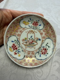 Six Chinese famille rose gilt-decorated 'Flower Basket' cups and saucers, Yongzheng/Qianlong
