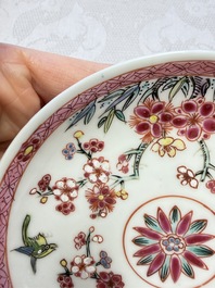 Three Chinese famille rose 'Birds and Plum Trees' cups and saucers, Yongzheng