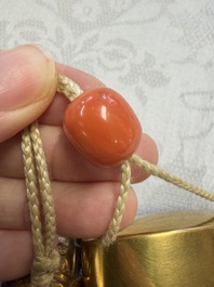 A fine Japanese four-case metal-inlaid lacquer 'Kanshin' inrō by Kōzan with a red coral ojime and a 'Jurojin' netsuke, Kōzan 光山 mark, Edo