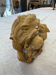 A fine Chinese soapstone group of Buddhist lions on wooden stand, 19th C.
