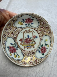 Six Chinese famille rose gilt-decorated 'Flower Basket' cups and saucers, Yongzheng/Qianlong