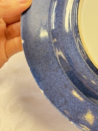 Three Chinese famille verte plates with floral design, one powder-blue-ground, Kangxi