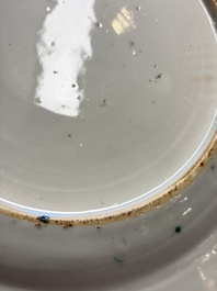 Three Chinese famille verte plates with floral design, one powder-blue-ground, Kangxi