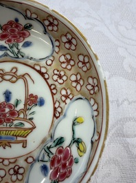 Six Chinese famille rose gilt-decorated 'Flower Basket' cups and saucers, Yongzheng/Qianlong