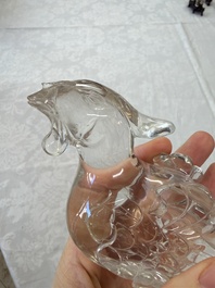 Three Chinese rock crystal sculptures on wooden stands, Republic