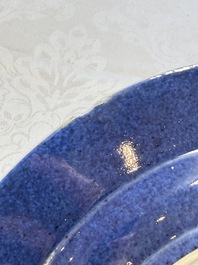 Three Chinese famille verte plates with floral design, one powder-blue-ground, Kangxi