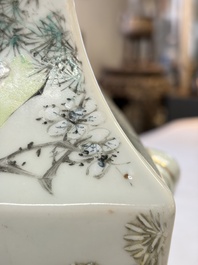 A Chinese qianjiang cai square vase on a wooden stand, signed Ma Qingyun 馬慶雲 and seal mark, dated 1913