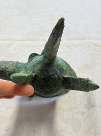 A Chinese archaic bronze wine vessel with Taotie design, Jue 爵, late Shang
