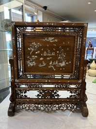 A Vietnamese mother-of-pearl-inlaid wooden 'Fishermen' table screen and an embroidered silk 'Dragon' panel, 19th C.
