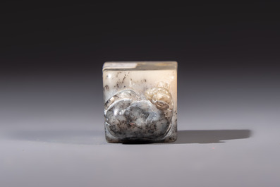 A Chinese soapstone seal with a carved mythical animal, inscribed Ying Hua Hong Bai Shang 樱花红陌上, 19/20th C.