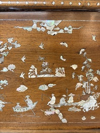 A Vietnamese mother-of-pearl-inlaid wooden 'Fishermen' table screen and an embroidered silk 'Dragon' panel, 19th C.