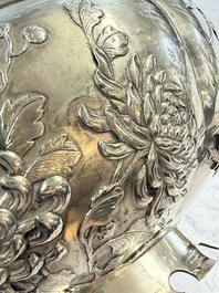 A fine Chinese silver bowl with relief dragon design on reticulated wooden stand, Tai Chang Long 泰昌隆 mark, 19th C.