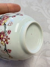 Three Chinese famille rose 'Birds and Plum Trees' cups and saucers, Yongzheng