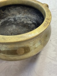 A fine Chinese bronze censer with loop handles and stand, Xuande mark, 18th C.