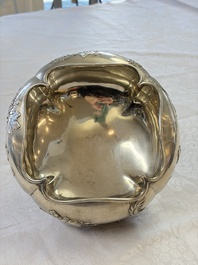 A fine Chinese silver bowl with relief dragon design on reticulated wooden stand, Tai Chang Long 泰昌隆 mark, 19th C.
