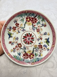 Three Chinese famille rose 'Birds and Plum Trees' cups and saucers, Yongzheng