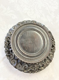 A fine Chinese silver bowl with relief dragon design on reticulated wooden stand, Tai Chang Long 泰昌隆 mark, 19th C.