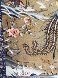 A rare and large Chinese gold-thread and silk 'Bai Niao Chao Feng 百鳥朝鳳' kesi panel, Republic