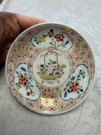 Six Chinese famille rose gilt-decorated 'Flower Basket' cups and saucers, Yongzheng/Qianlong
