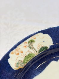 Three Chinese famille verte plates with floral design, one powder-blue-ground, Kangxi