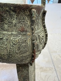 A Chinese archaic bronze wine vessel with owl design, Jia 斝, late Shang