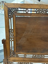 A Vietnamese mother-of-pearl-inlaid wooden 'Fishermen' table screen and an embroidered silk 'Dragon' panel, 19th C.
