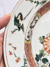 Three Chinese famille verte plates with floral design, one powder-blue-ground, Kangxi