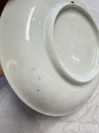 Three Chinese famille rose 'Birds and Plum Trees' cups and saucers, Yongzheng