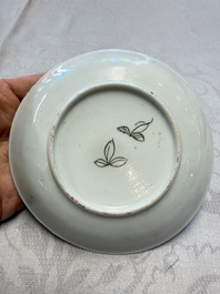 Three Chinese famille rose 'Birds and Plum Trees' cups and saucers, Yongzheng