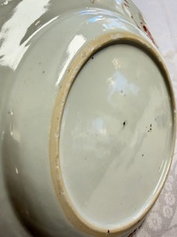 Three Chinese famille verte plates with floral design, one powder-blue-ground, Kangxi