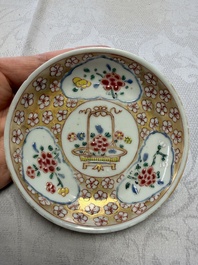 Six Chinese famille rose gilt-decorated 'Flower Basket' cups and saucers, Yongzheng/Qianlong