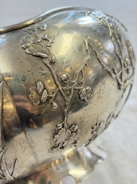 A fine Chinese silver bowl with relief dragon design on reticulated wooden stand, Tai Chang Long 泰昌隆 mark, 19th C.