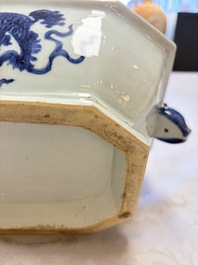 A Chinese blue and white 'Buddhist Lion' tureen and cover, Qianlong