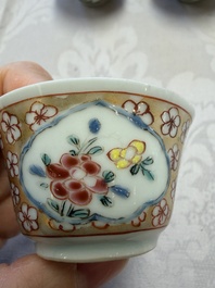 Six Chinese famille rose gilt-decorated 'Flower Basket' cups and saucers, Yongzheng/Qianlong