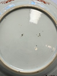 Three Chinese famille verte plates with floral design, one powder-blue-ground, Kangxi