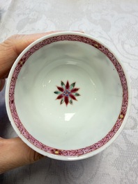 Three Chinese famille rose 'Birds and Plum Trees' cups and saucers, Yongzheng