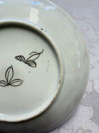 Three Chinese famille rose 'Birds and Plum Trees' cups and saucers, Yongzheng