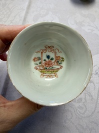 Six Chinese famille rose gilt-decorated 'Flower Basket' cups and saucers, Yongzheng/Qianlong