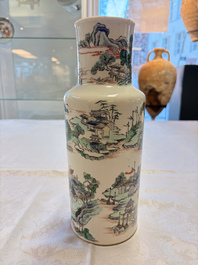 A Chinese famille verte 'Zhang Jiang Men 章江門' rouleau vase, 19th C.