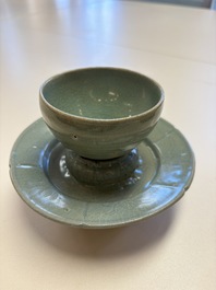 A fine Korean celadon tea bowl with its original stand, Goryeo, 12th C.