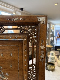 A Vietnamese mother-of-pearl-inlaid wooden 'Fishermen' table screen and an embroidered silk 'Dragon' panel, 19th C.