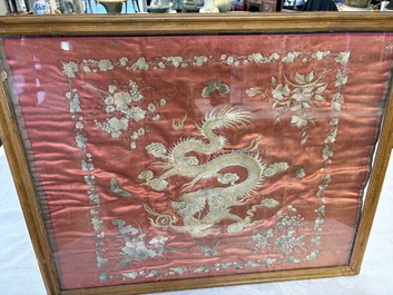 A Vietnamese mother-of-pearl-inlaid wooden 'Fishermen' table screen and an embroidered silk 'Dragon' panel, 19th C.