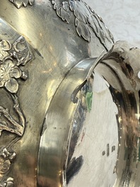 A fine Chinese silver bowl with relief dragon design on reticulated wooden stand, Tai Chang Long 泰昌隆 mark, 19th C.